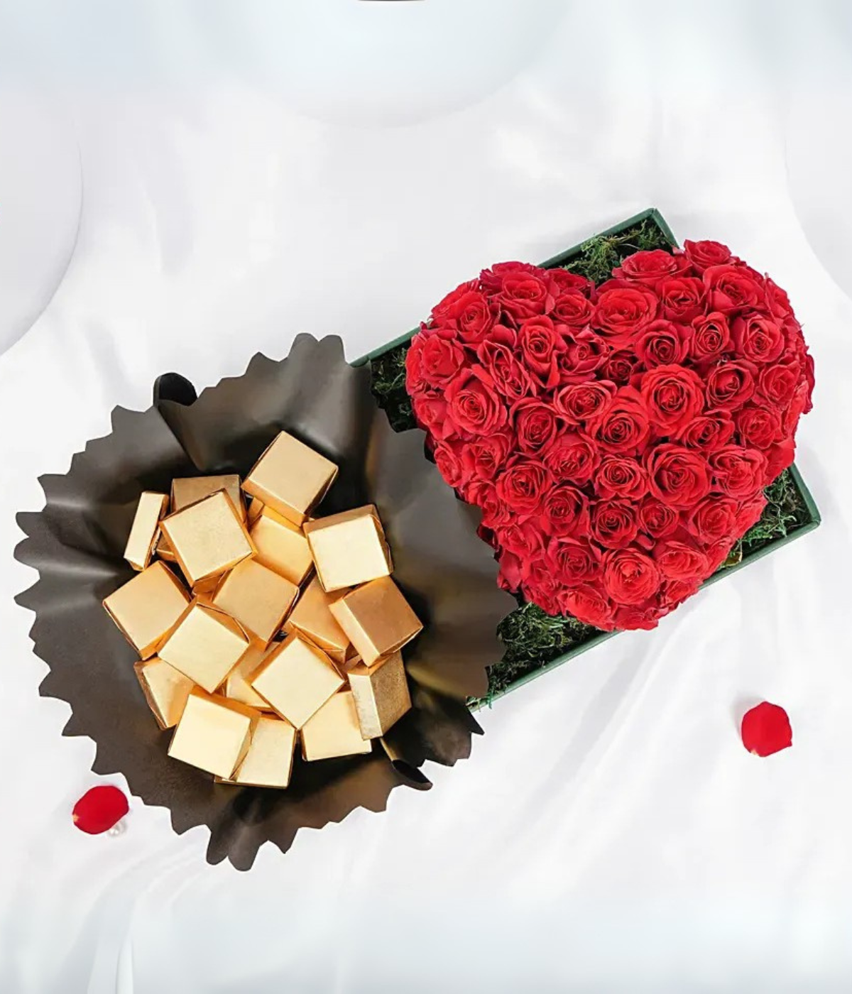 Heart shaped red rose arrangement with chocolates Luxurious gift for your lovers – Petal Frost