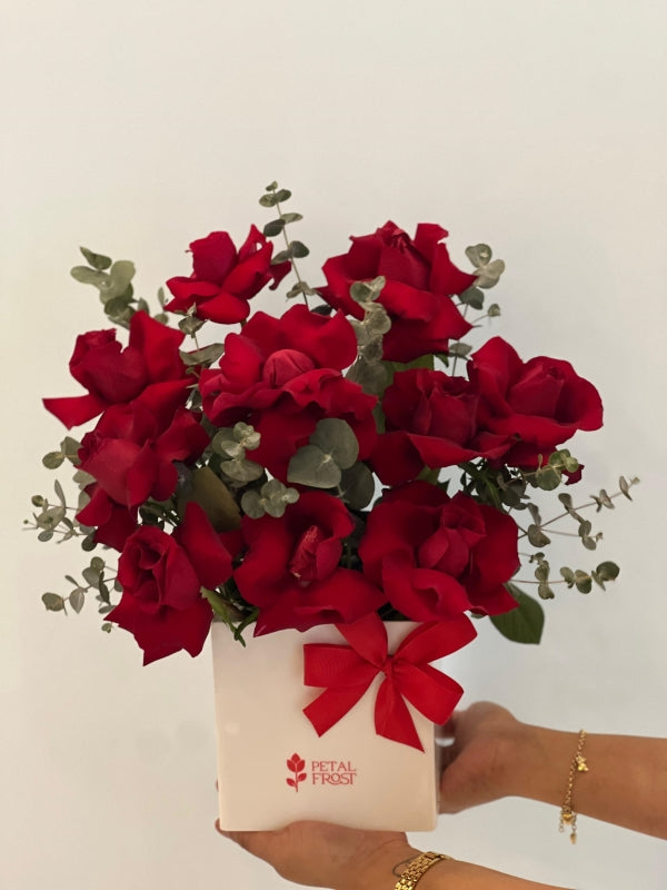 Harmony Box with classic red roses luxury rose arrangement in elegant box with red ribbon – Petal Frost flower shop
