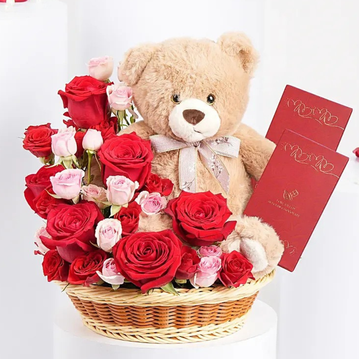 Love You Always – roses with teddy bear and chocolates basket – Petal Frost