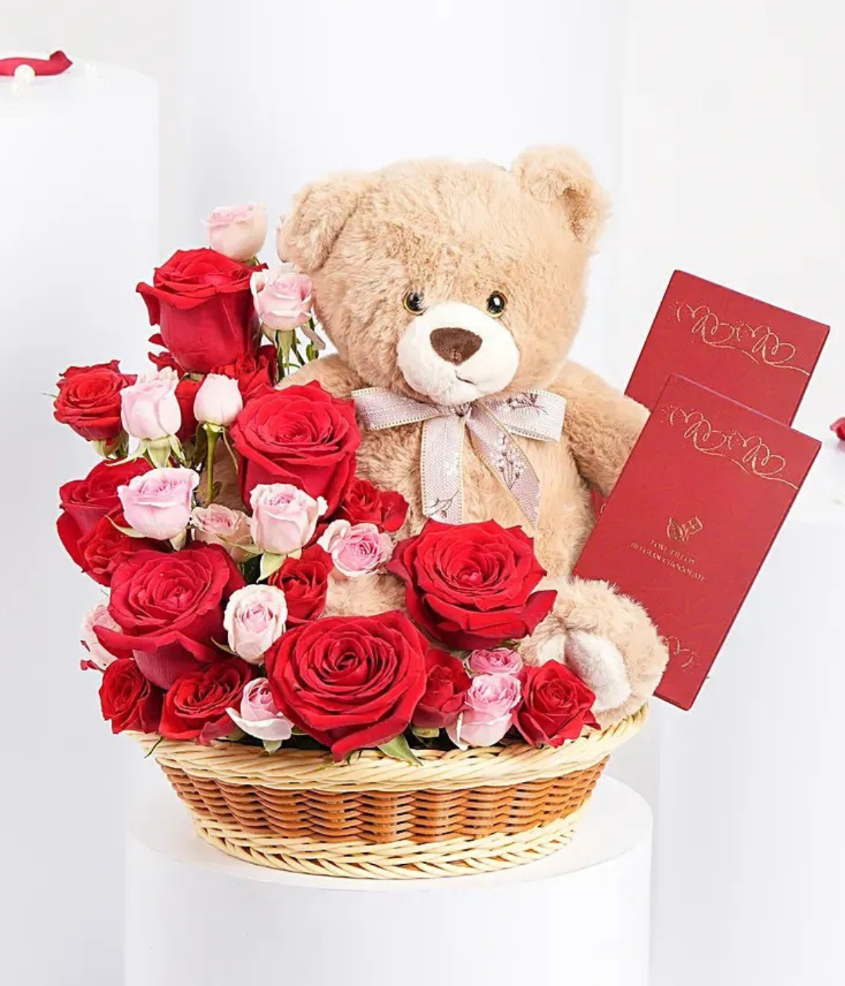 Love You Always – roses with teddy bear and chocolates basket – Petal Frost