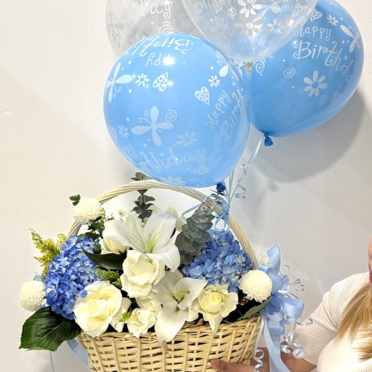 Newborn Charm Basket fresh blue and white flowers with balloons - Petal Frost