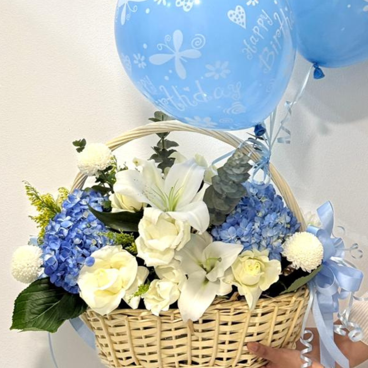 Newborn Charm Basket fresh blue and white flowers with balloons - Petal Frost