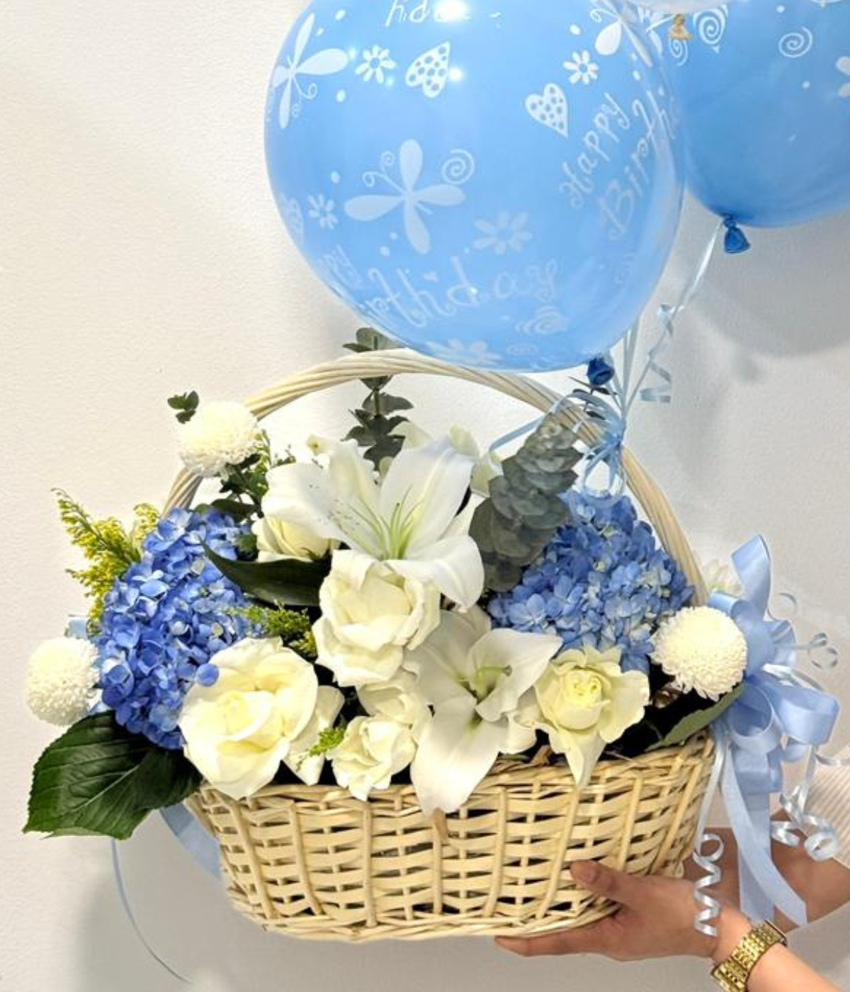 Newborn Charm Basket fresh blue and white flowers with balloons - Petal Frost