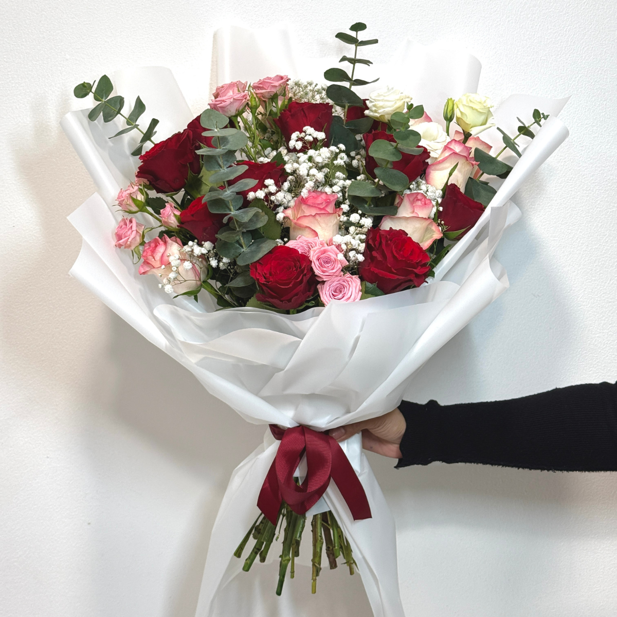 Precious Red Touch Pink bouquet – red and pink roses arrangement – Petal Frost