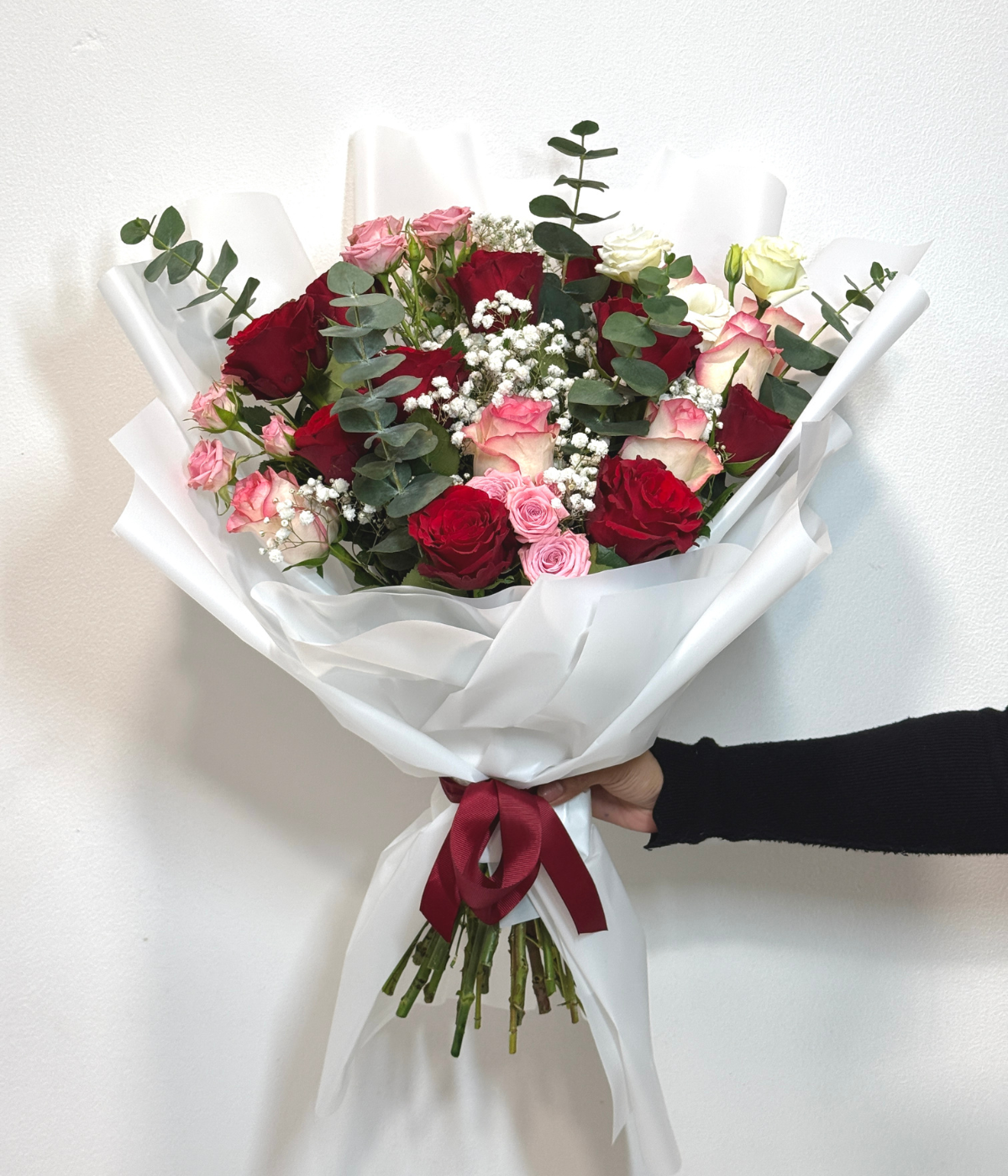 Precious Red Touch Pink bouquet – red and pink roses arrangement – Petal Frost