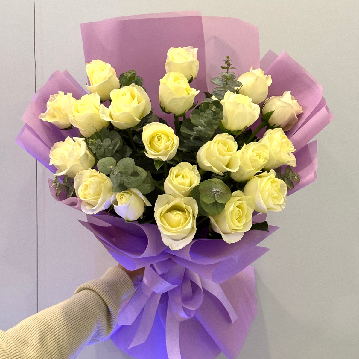 Purity Vibes bouquet – 20 white roses with eucalyptus - Petal Frost Dubai