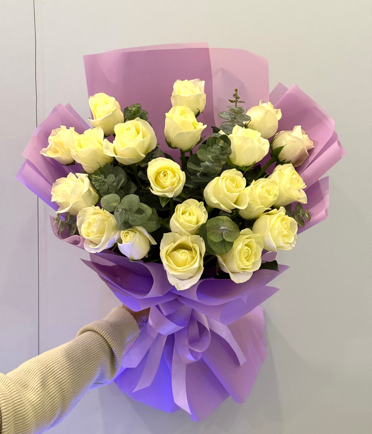 Purity Vibes bouquet – 20 white roses with eucalyptus - Petal Frost Dubai
