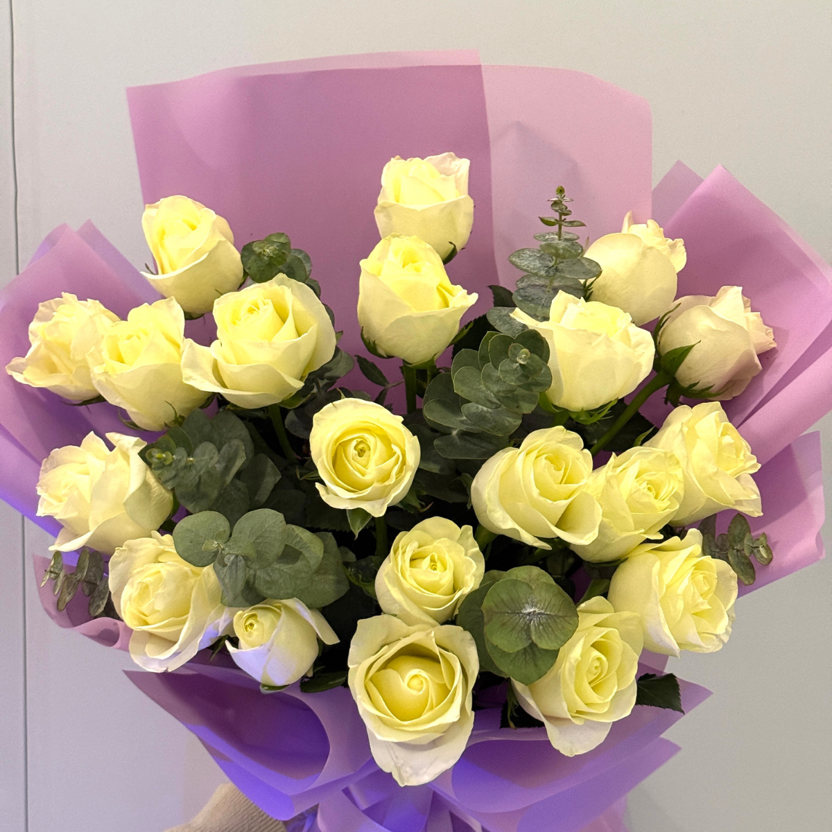 Purity Vibes bouquet – 20 white roses with eucalyptus - Petal Frost Dubai