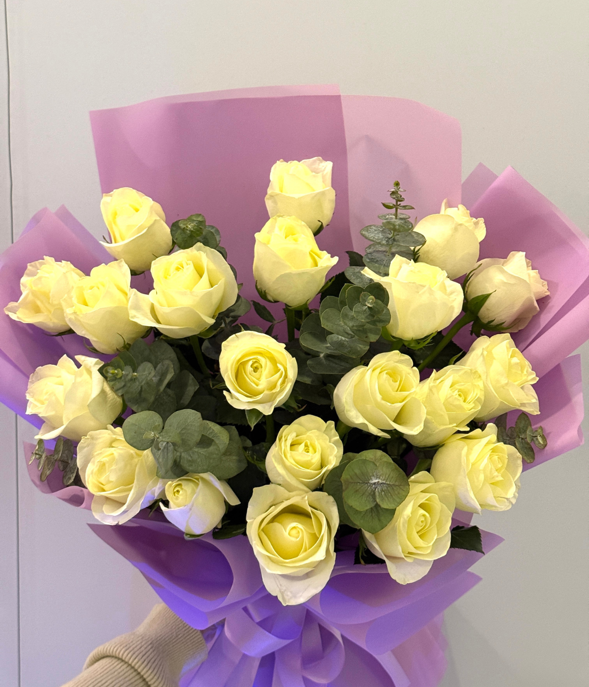 Purity Vibes bouquet – 20 white roses with eucalyptus - Petal Frost Dubai