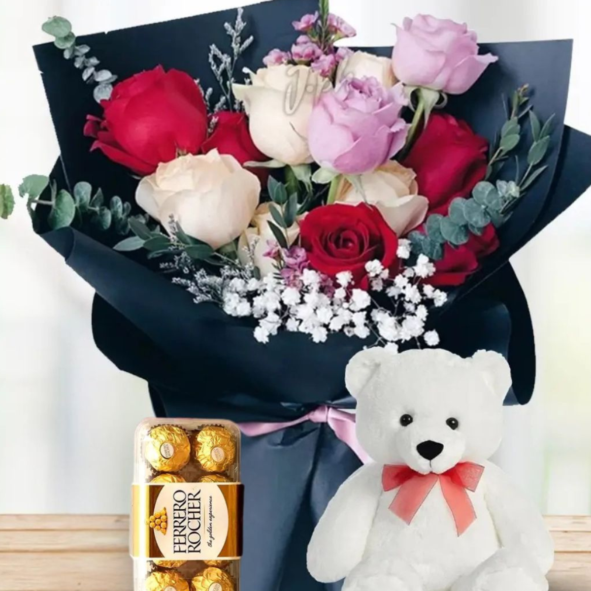 Romantic Radiance Bundle – roses, teddy bear, and Ferrero Rocher – Petal Frost flower