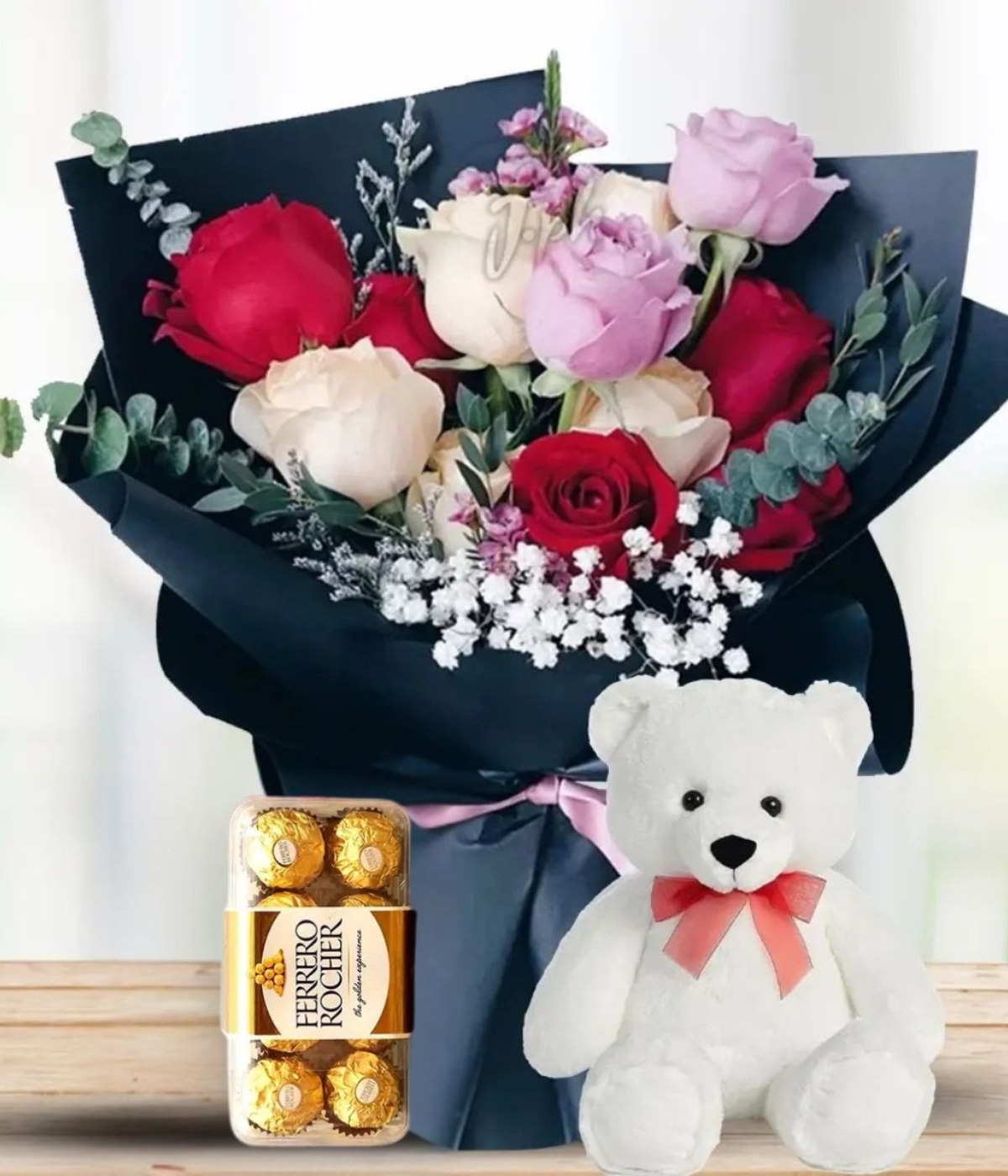 Romantic Radiance Bundle – roses, teddy bear, and Ferrero Rocher – Petal Frost flower