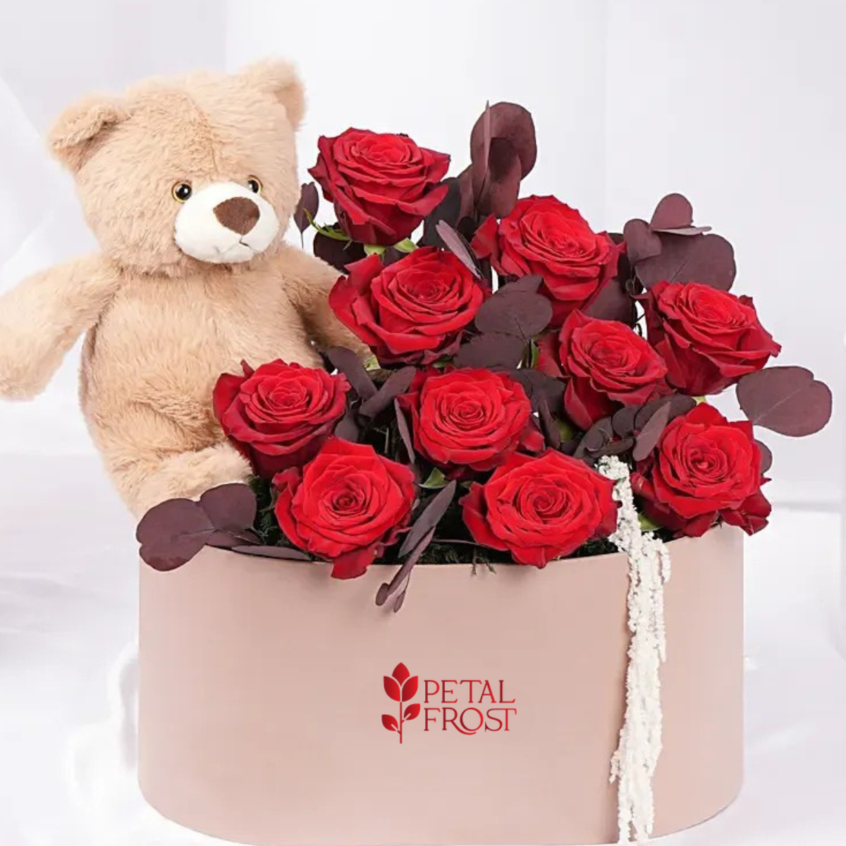 Rose Whisper Cuddles Arrangement with red roses and teddy bear – Petal Frost