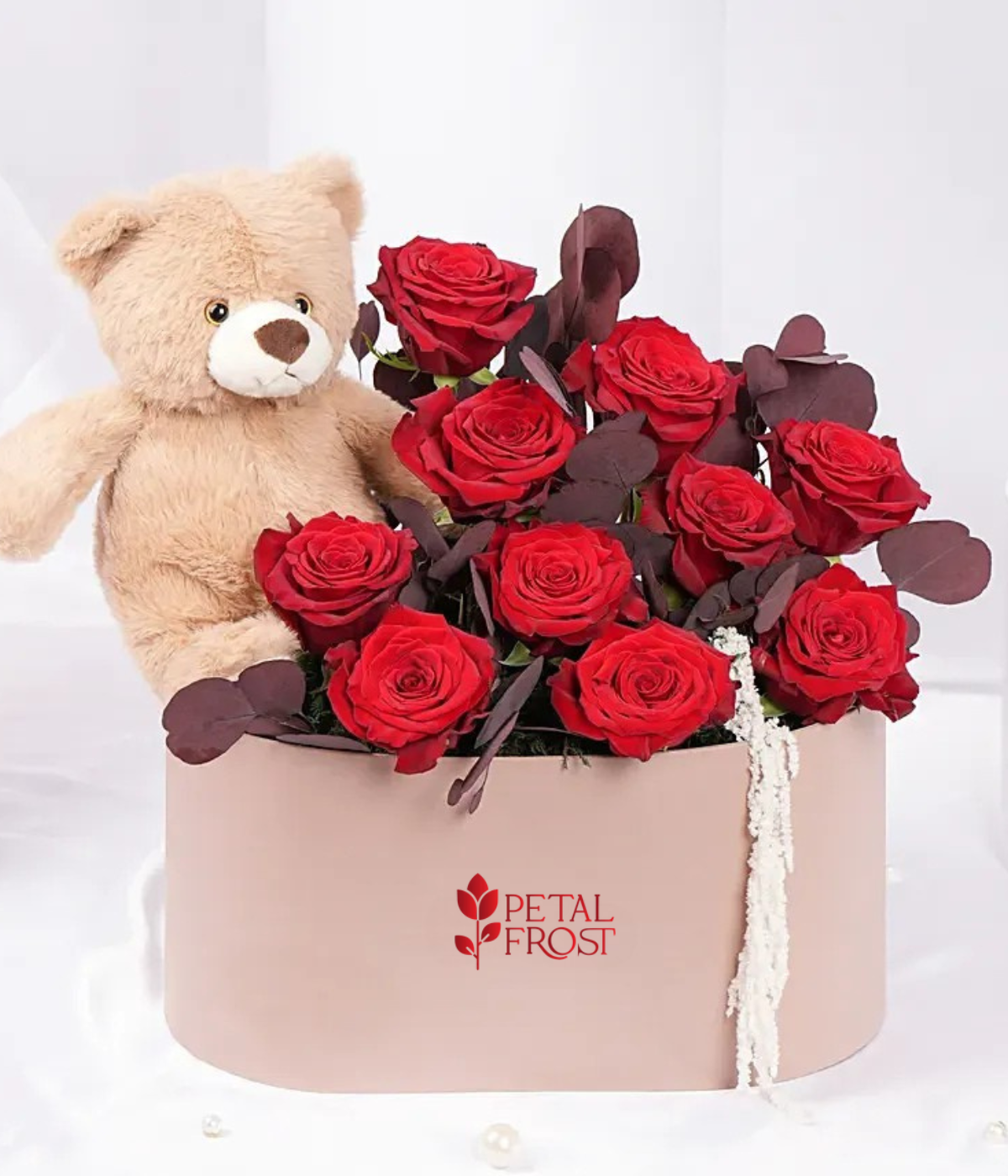 Rose Whisper Cuddles Arrangement with red roses and teddy bear – Petal Frost