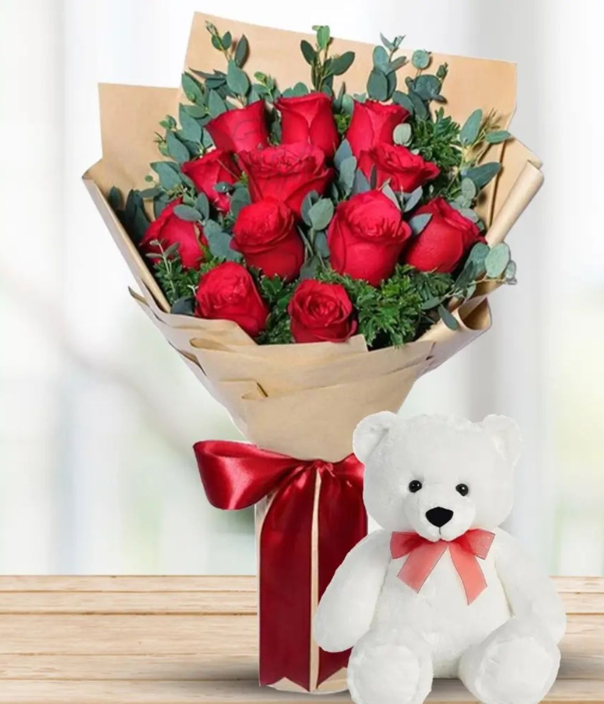 Scarlet Love Bear – red roses bouquet with teddy bear – Petal Frost