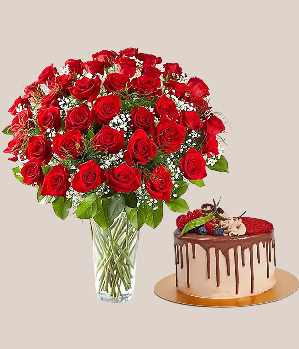 1 Kg Chocolaty Red Velvet Cake With 50 Roses Arrangement