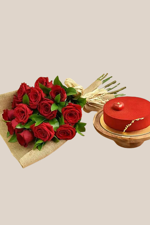 12 Red Roses Bouquet and Cake