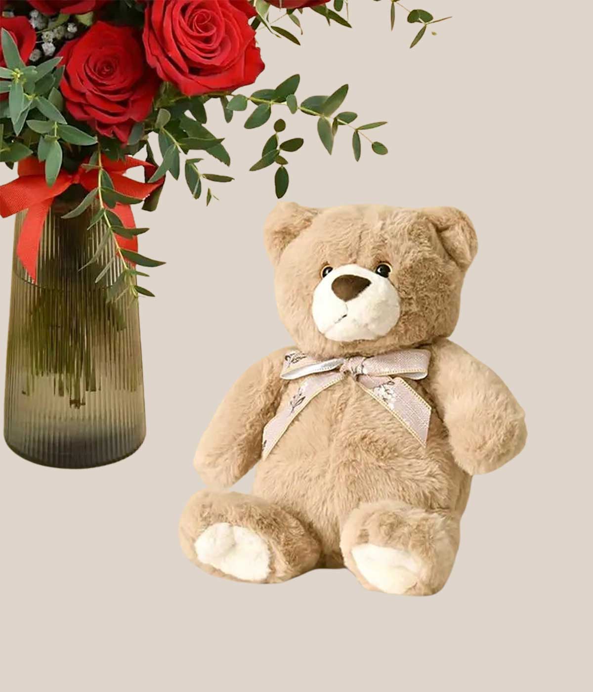 12 Red Roses in Premium Vase And Teddy