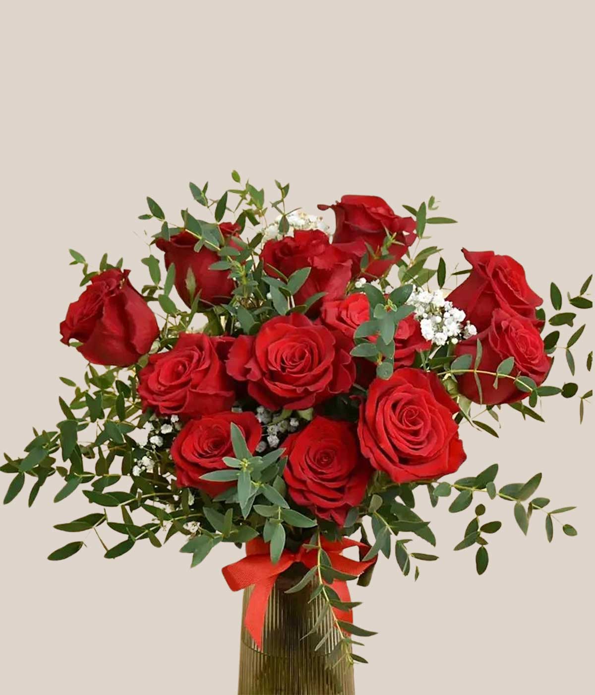 12 Red Roses in Premium Vase And Teddy