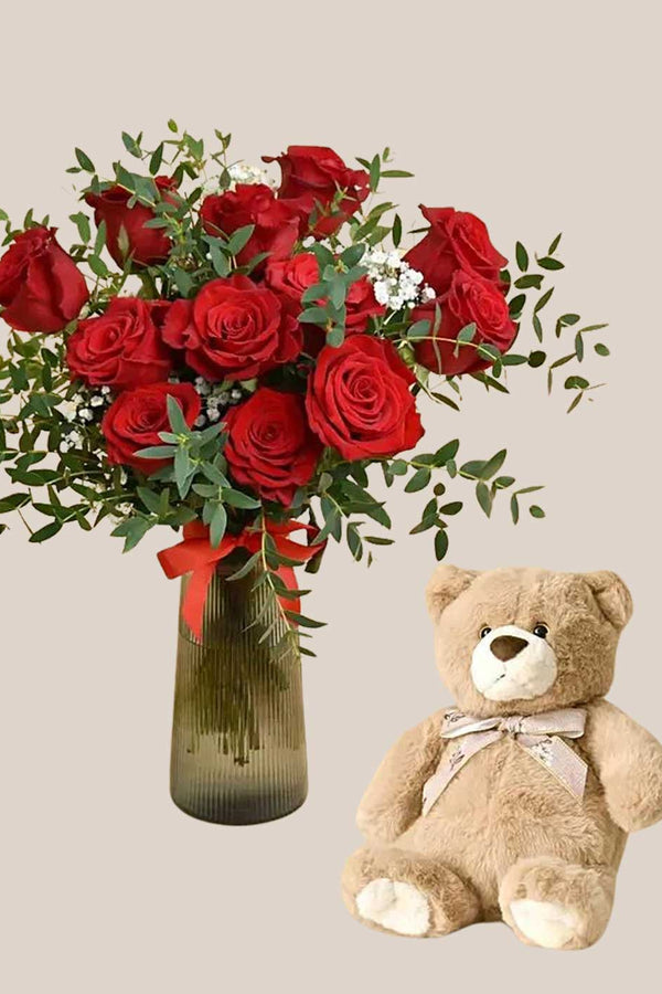 12 Red Roses in Premium Vase And Teddy