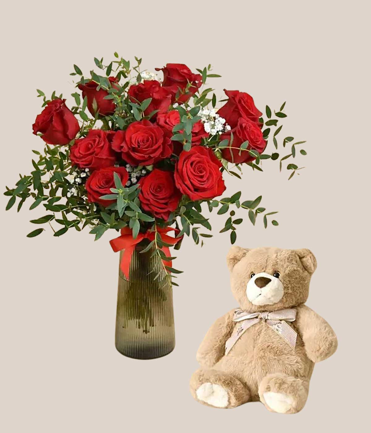 12 Red Roses in Premium Vase And Teddy