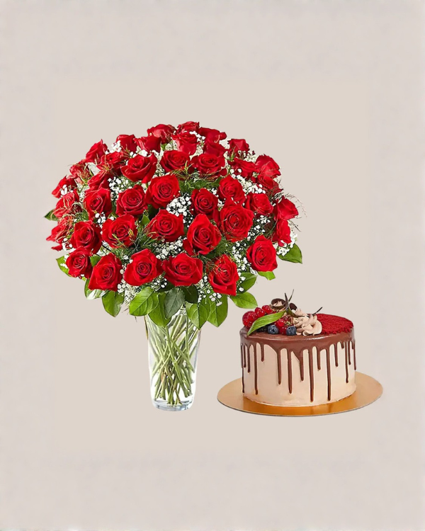 1 Kg Chocolaty Red Velvet Cake With 50 Roses Arrangement