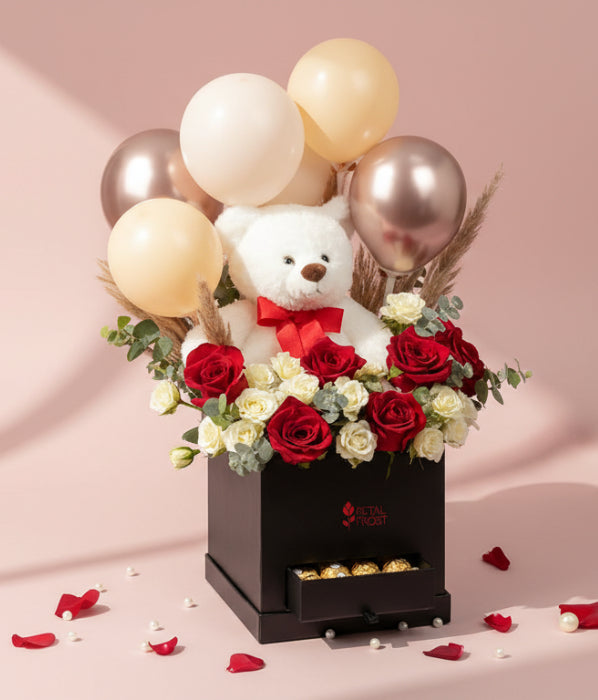 Teddy Balloon and Flower Box with Chocolates