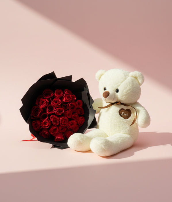 30 Red Roses with Teddy Bear