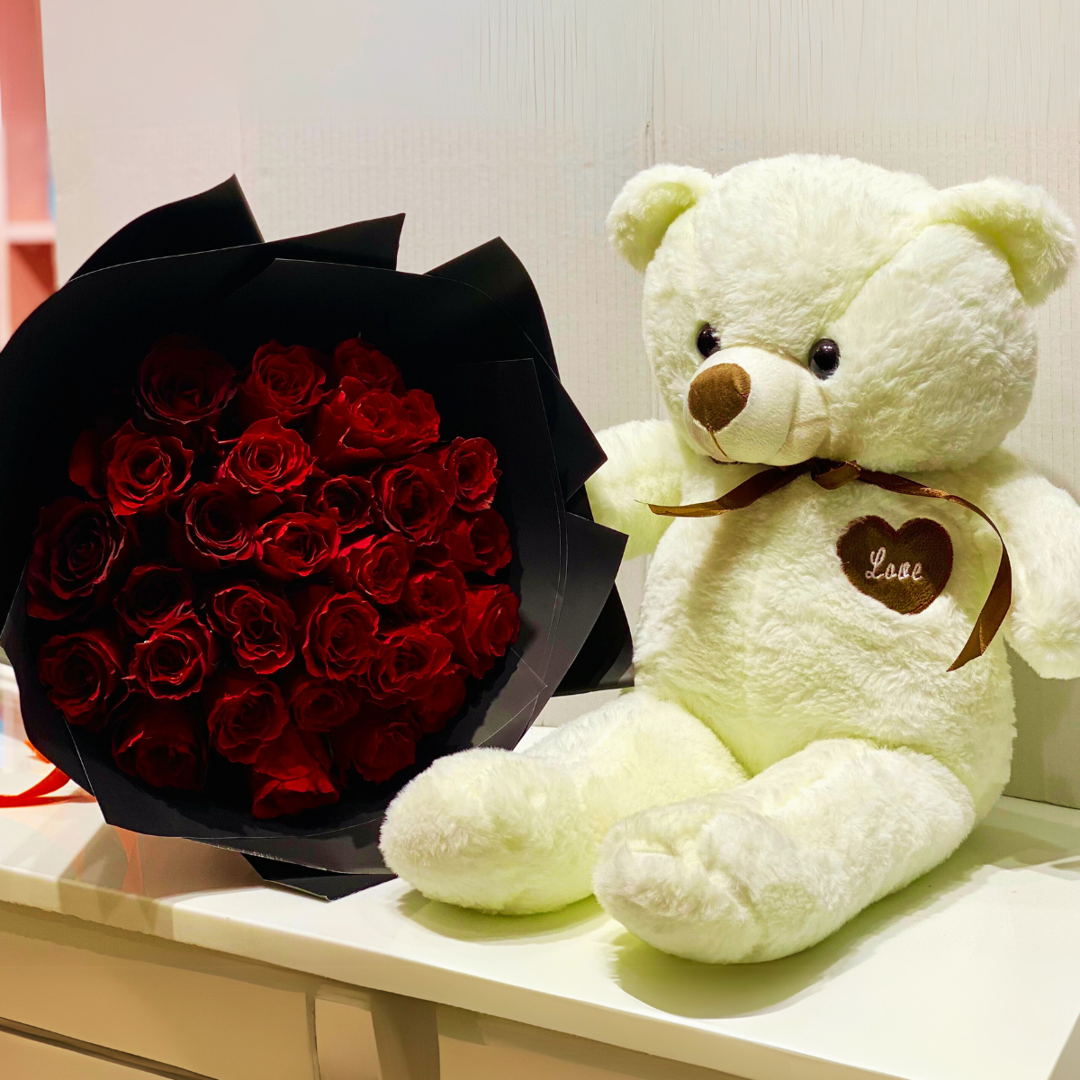 30 red roses with teddy bear – Petal Frost