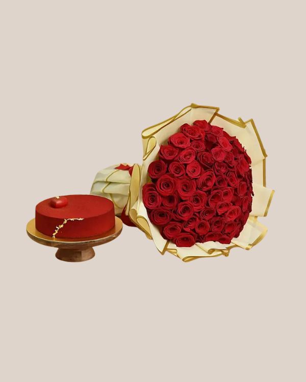 50 Valentine Roses Bouquet And Cake