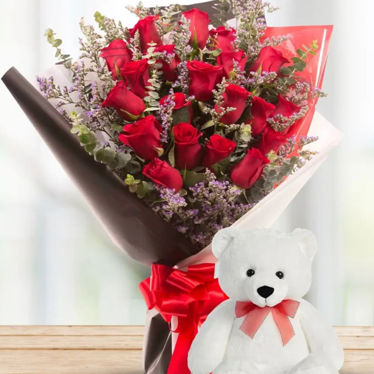 Blush of Romance Duo – red roses bouquet with teddy bear – Petal Frost Dubai