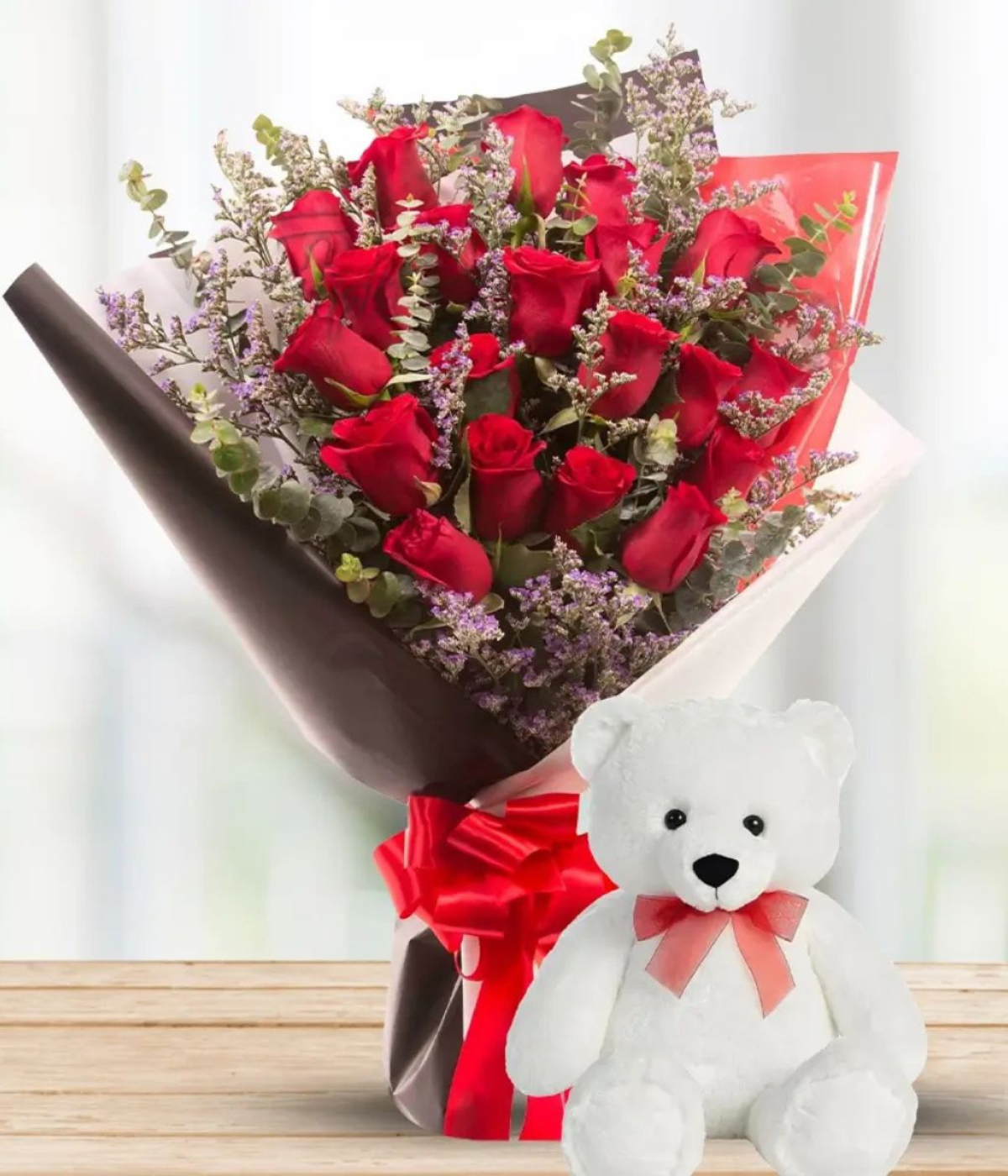 Blush of Romance Duo – red roses bouquet with teddy bear – Petal Frost Dubai