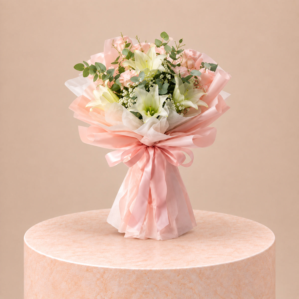 White Lily And Pink Carnation Baby’s Breath Bouquet