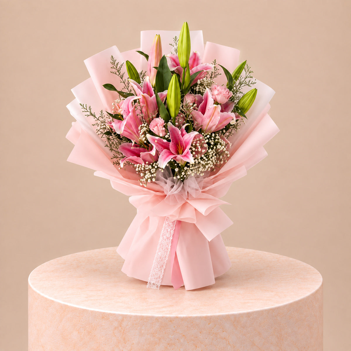 Pink Lily And Rose With Baby’s Breath Bouquet
