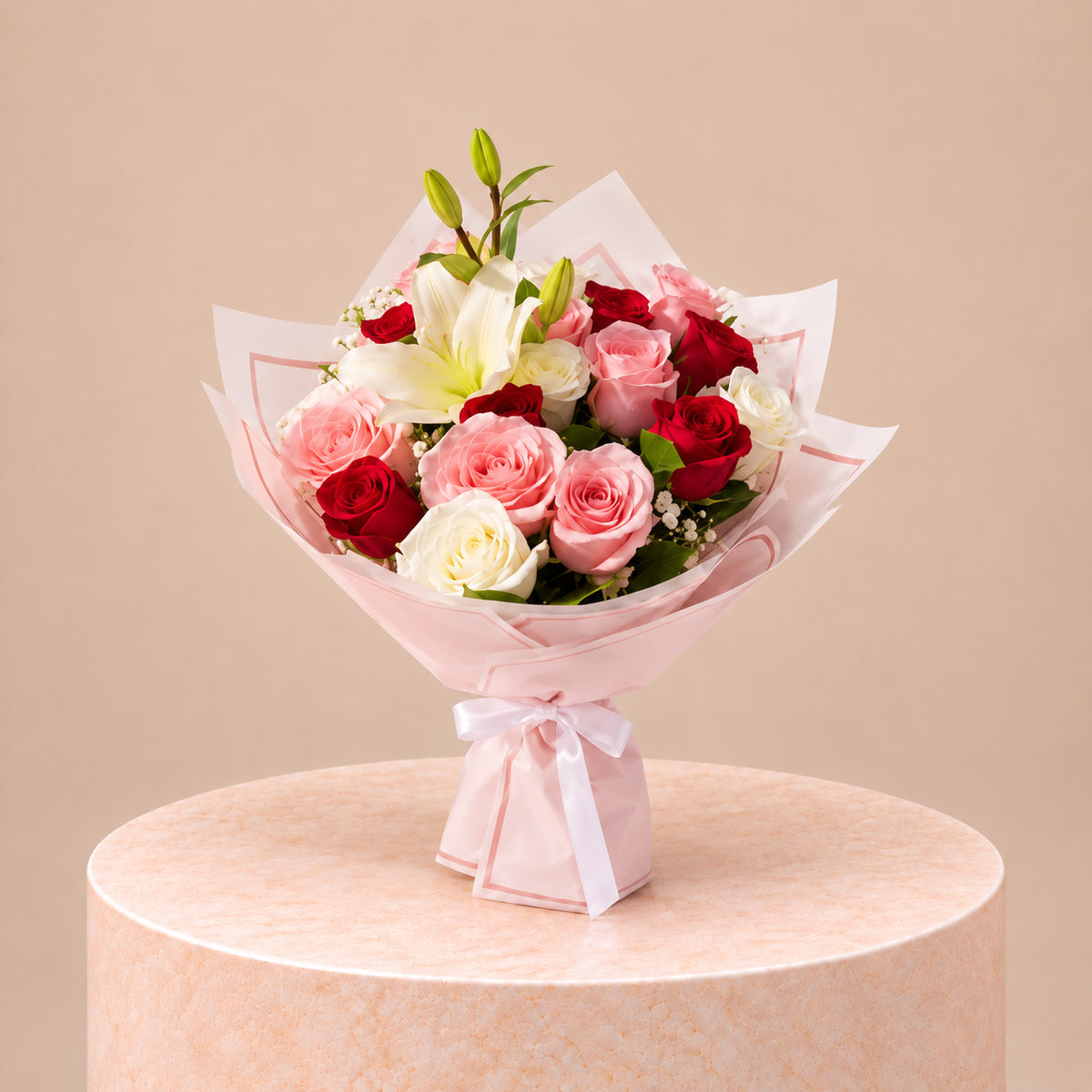 Trio Rose And White Lily Elegance Bouquet