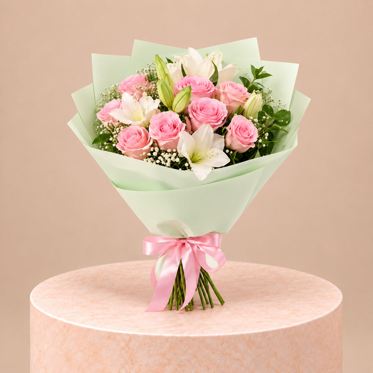 Pink Rose And White Lily Bouquet