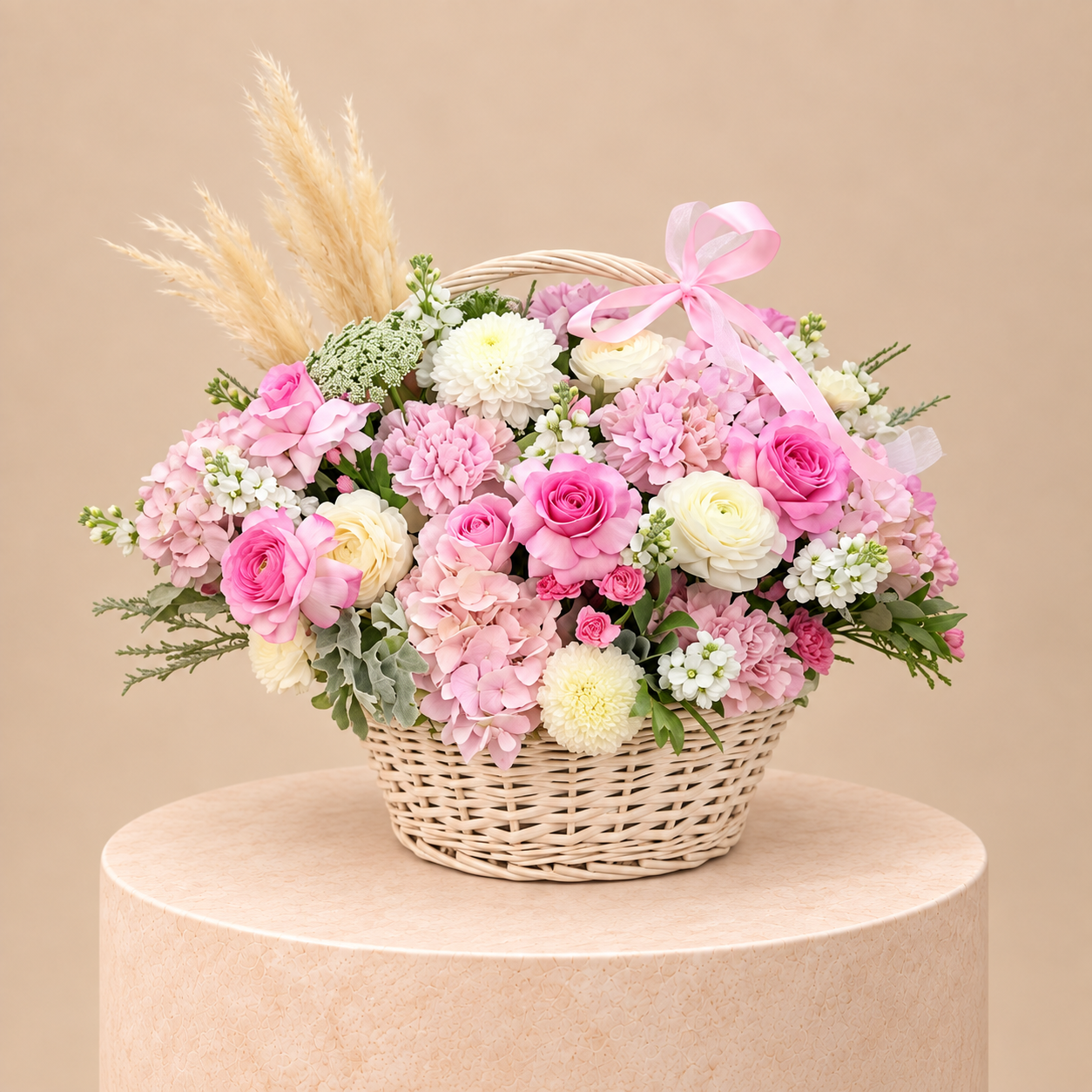 A floral arrangement in a woven basket with pink and cream flowers, green foliage, pampas grass, and a pink ribbon, displayed on a round pedestal against a beige background.