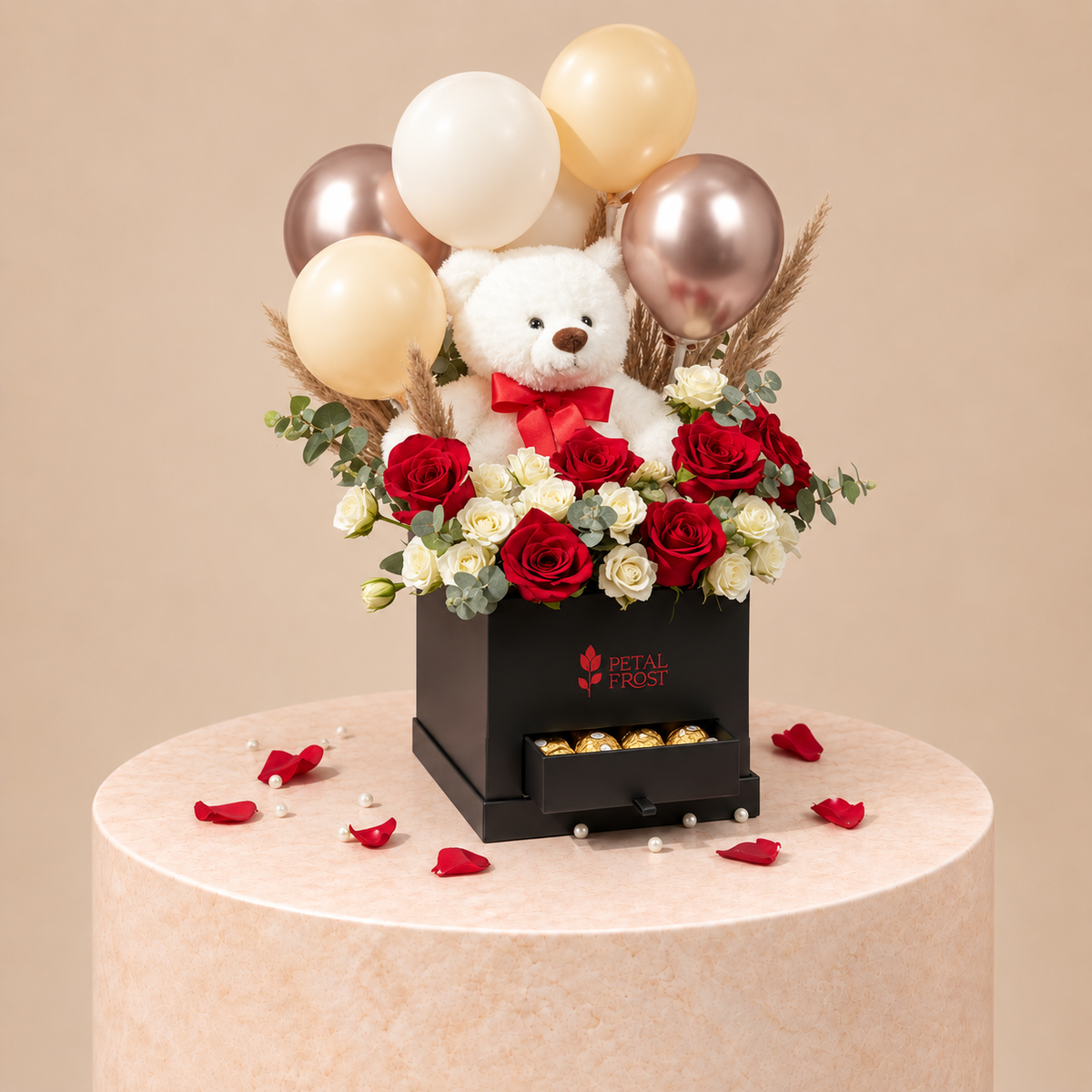 Teddy Balloon and Flower Box with Chocolates
