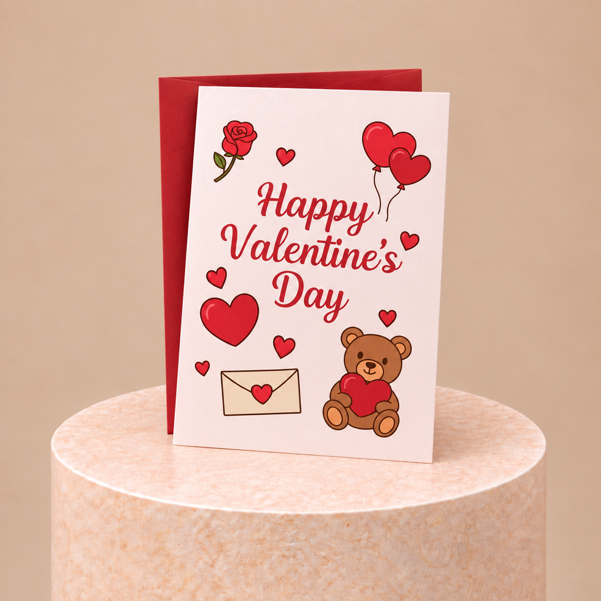 Valentines Day Teddy Bear Heart Balloons & Rose Greeting Card