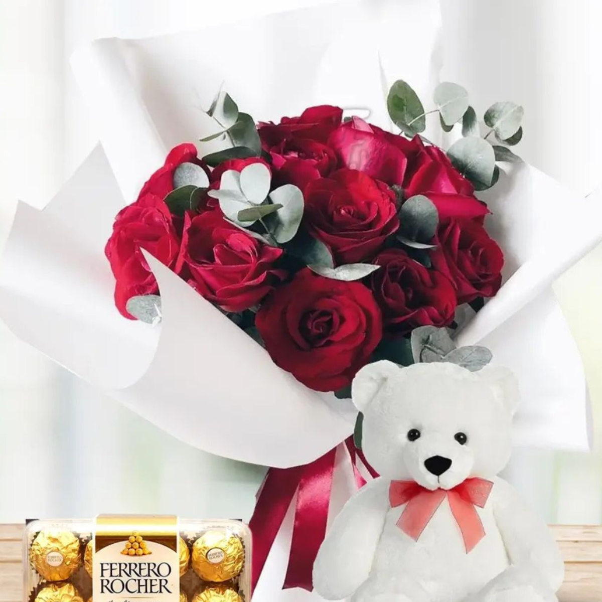 Cherished Love Set – red roses bouquet, teddy bear, and Ferrero Rocher chocolates – Petal Frost Dubai