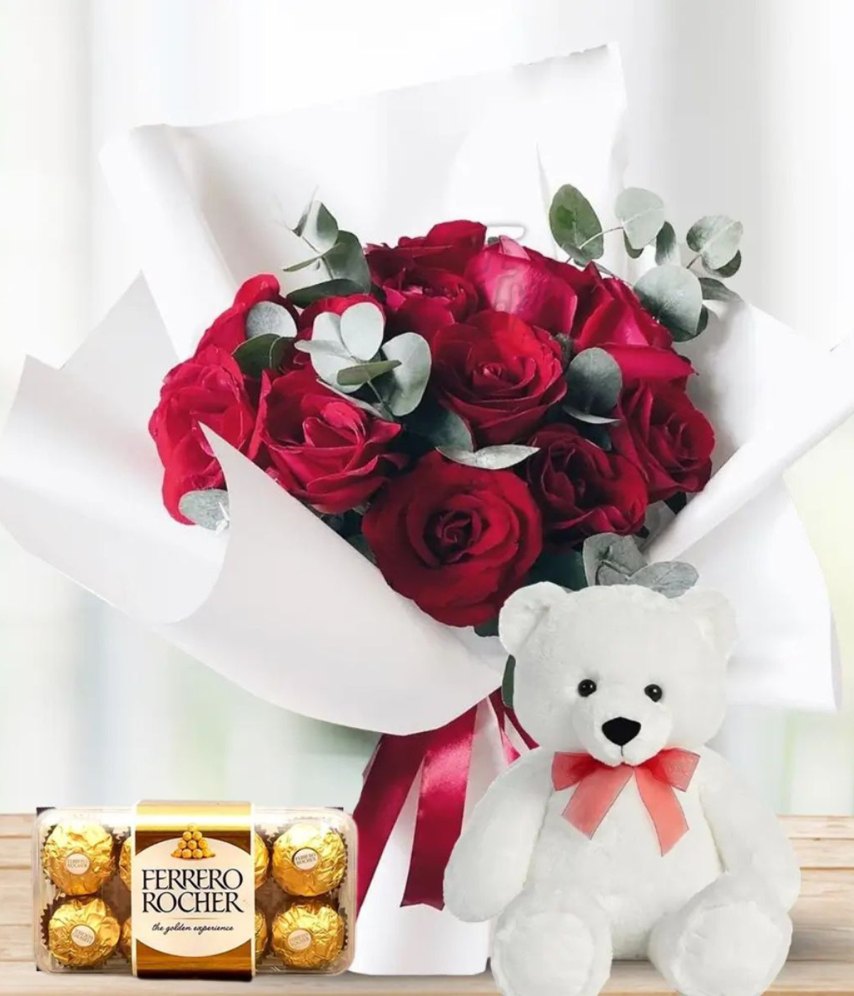 Cherished Love Set – red roses bouquet, teddy bear, and Ferrero Rocher chocolates – Petal Frost Dubai