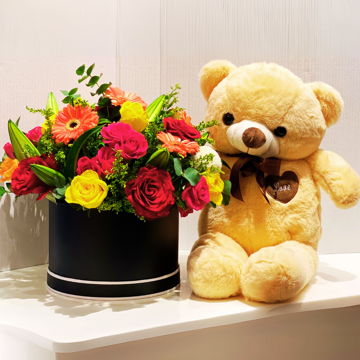 Romantic collection of flowers with Teddy Bear – Petal Frost