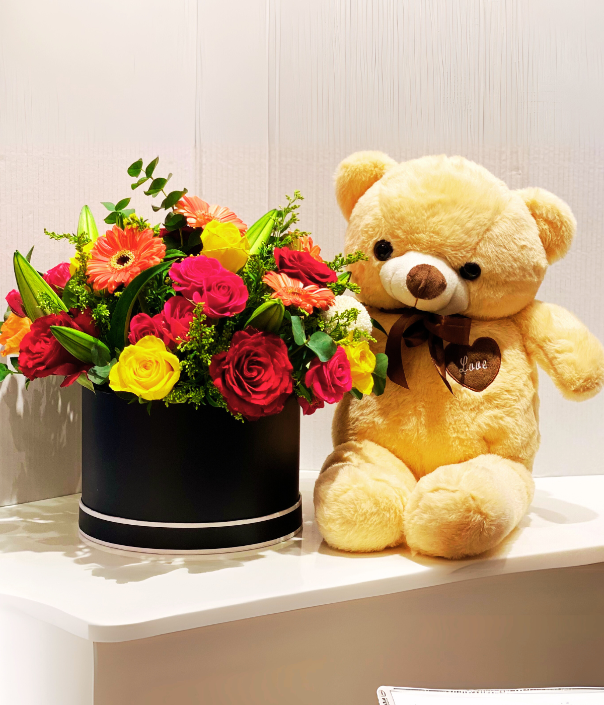Romantic collection of flowers with Teddy Bear – Petal Frost