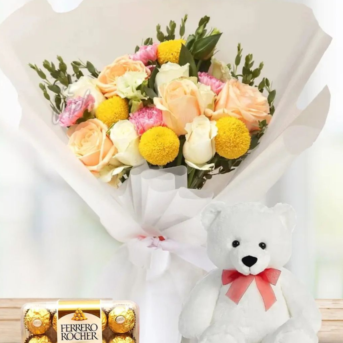 Cupid’s Love Bundle – roses, teddy bear, and Ferrero Rocher chocolates – Petal Frost