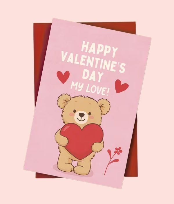 Cute Teddy Bear Holding Heart Valentine' Day Card