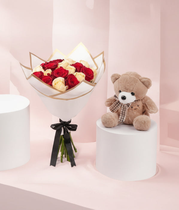 Elegant Duo Of Roses Valentines Bouquet With Teddy Bear