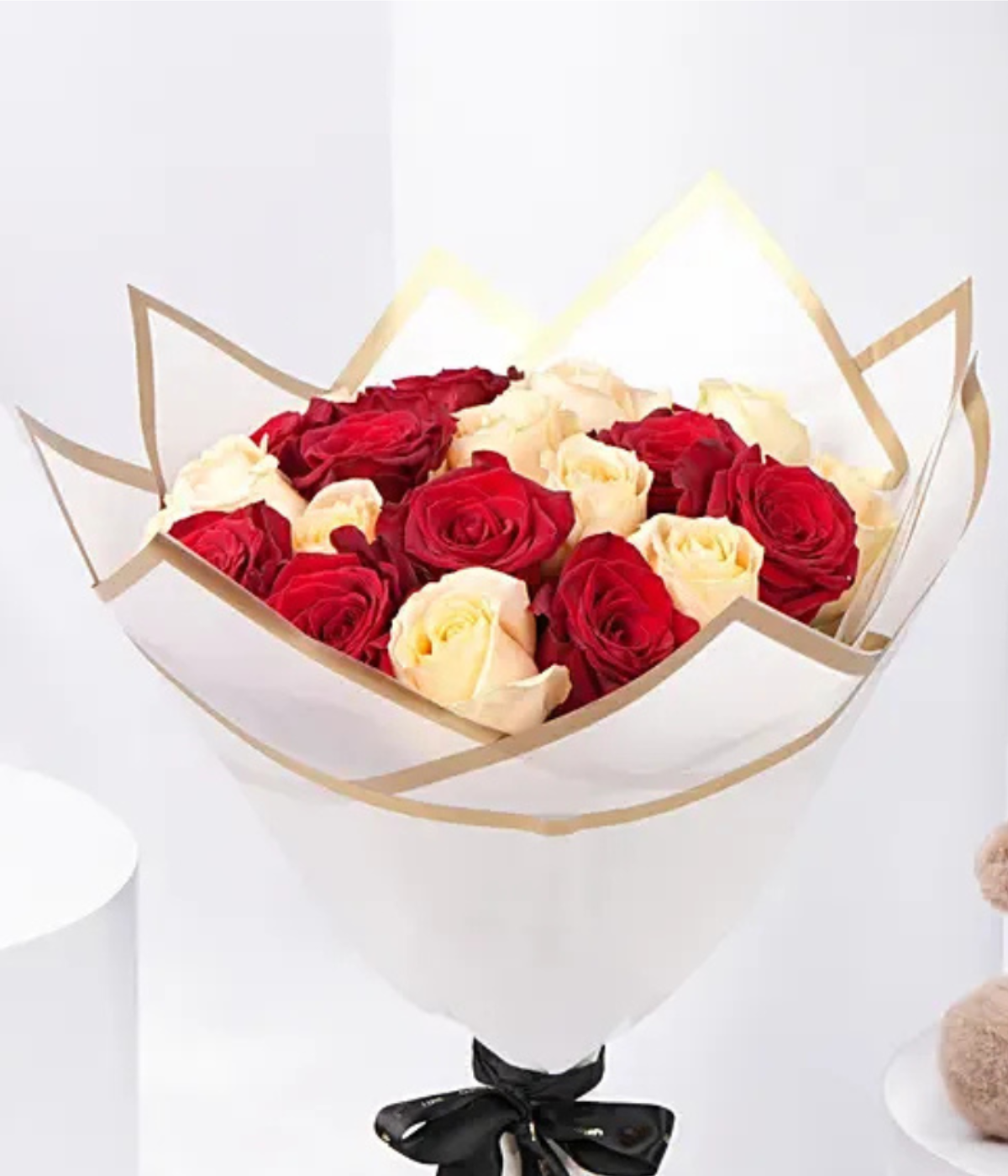 Elegant Duo Of Roses Valentines Bouquet With Teddy Bear