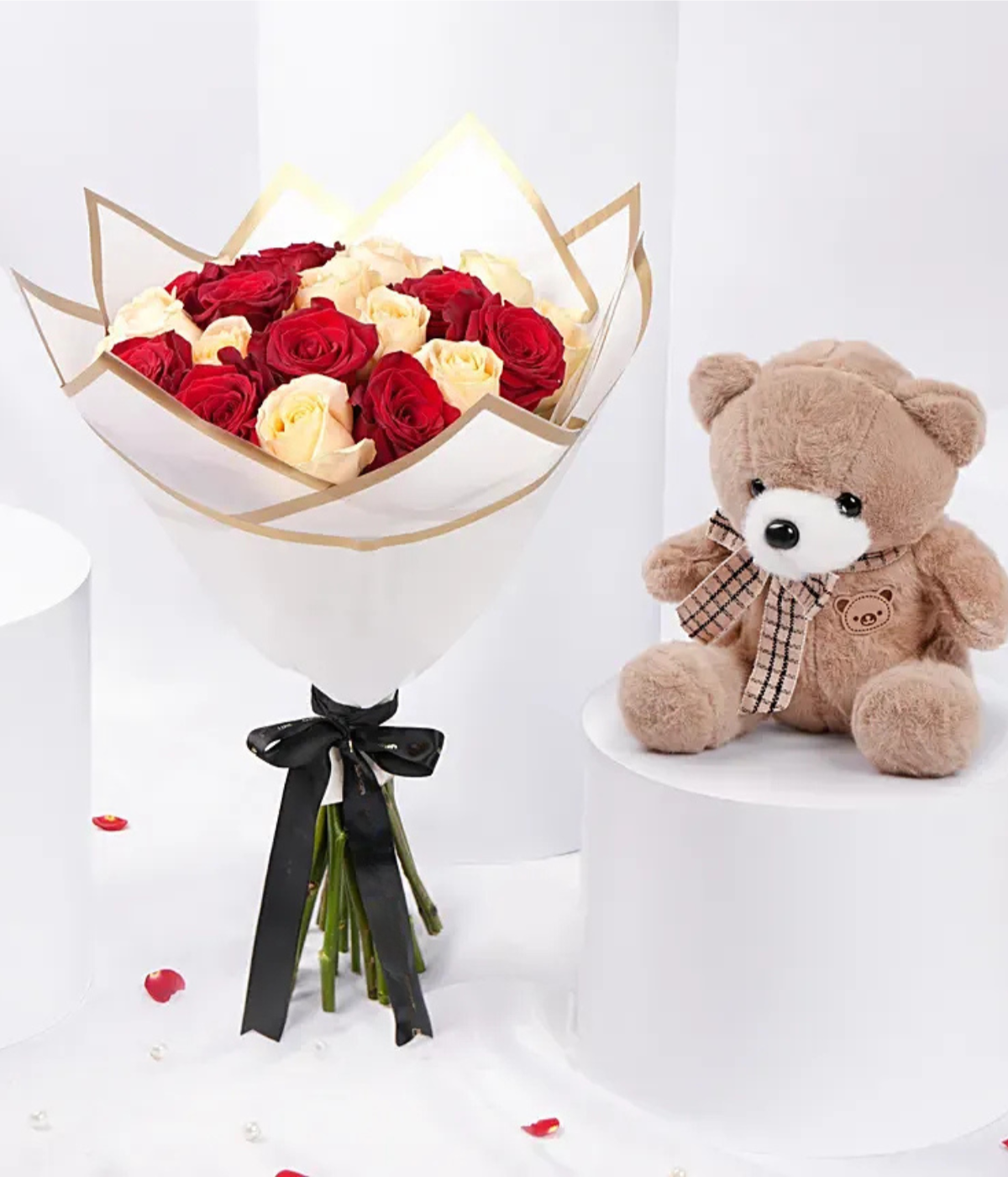 Elegant Duo Of Roses Valentines Bouquet With Teddy Bear