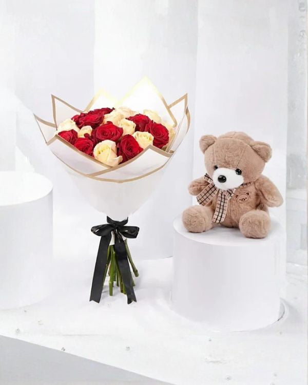 Elegant Duo Of Roses Valentines Bouquet With Teddy Bear