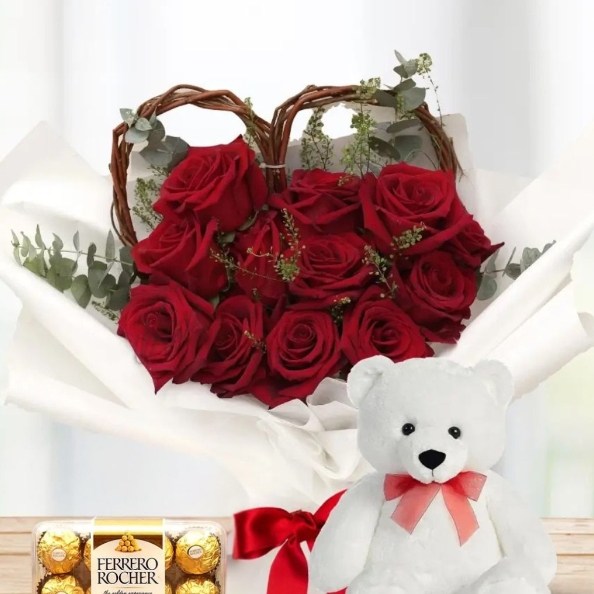 Floral Hug Combo – red roses bouquet with teddy bear and Ferrero Rocher – Petal Frost flower