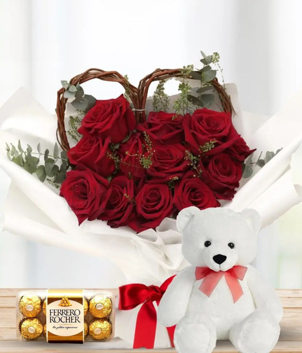 Floral Hug Combo – red roses bouquet with teddy bear and Ferrero Rocher – Petal Frost flower